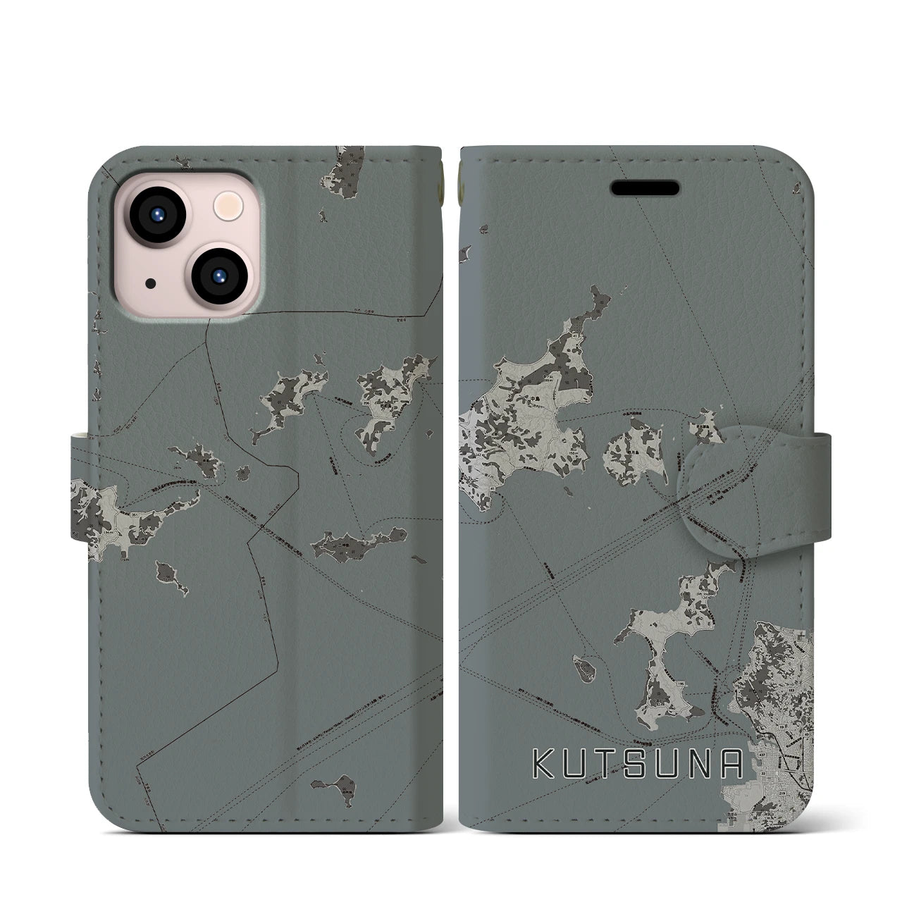 【忽那(愛媛県)】地図柄iPhoneケース(手帳タイプ)モノトーン・iPhone 13 mini 用