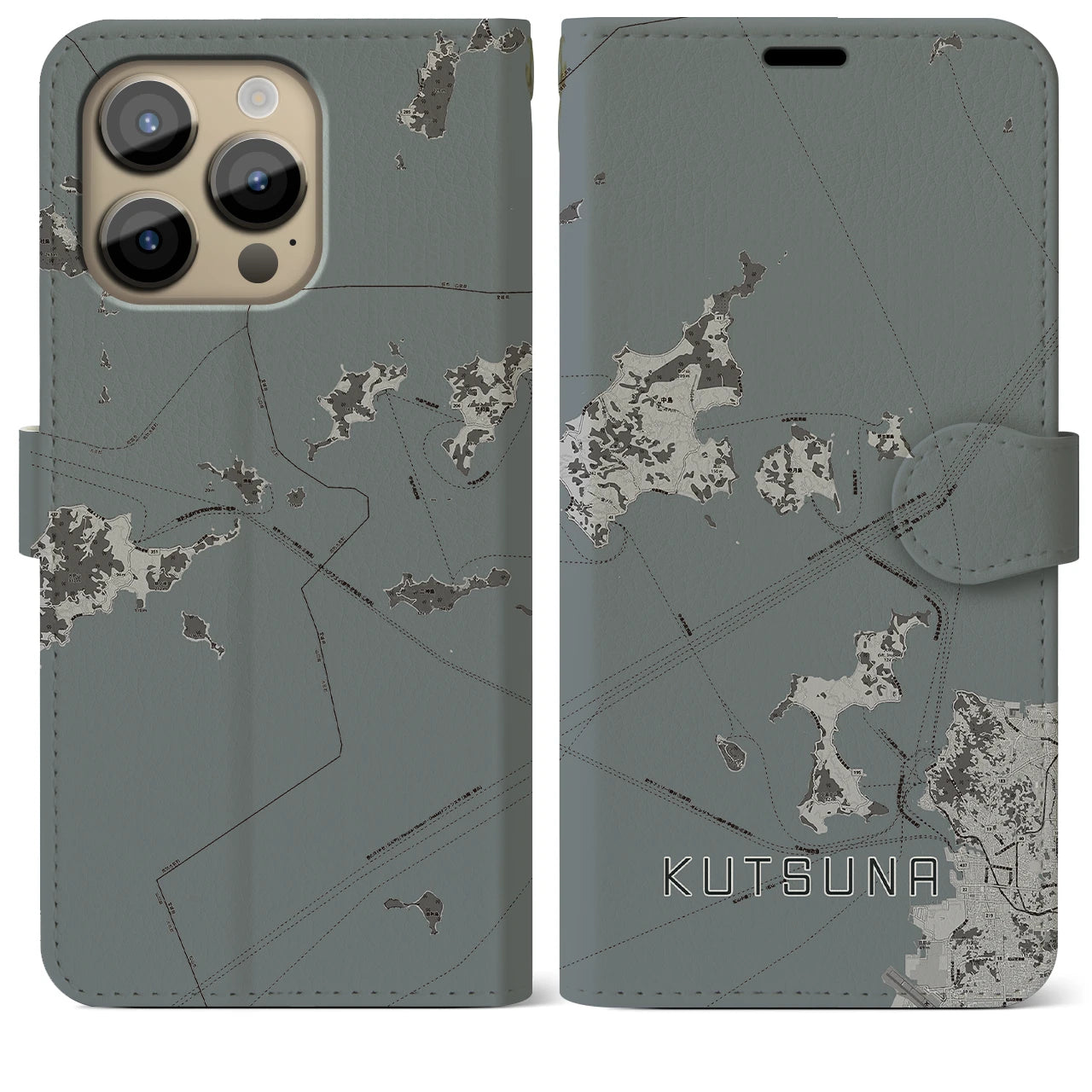 【忽那(愛媛県)】地図柄iPhoneケース(手帳タイプ)モノトーン・iPhone 14 Pro Max 用