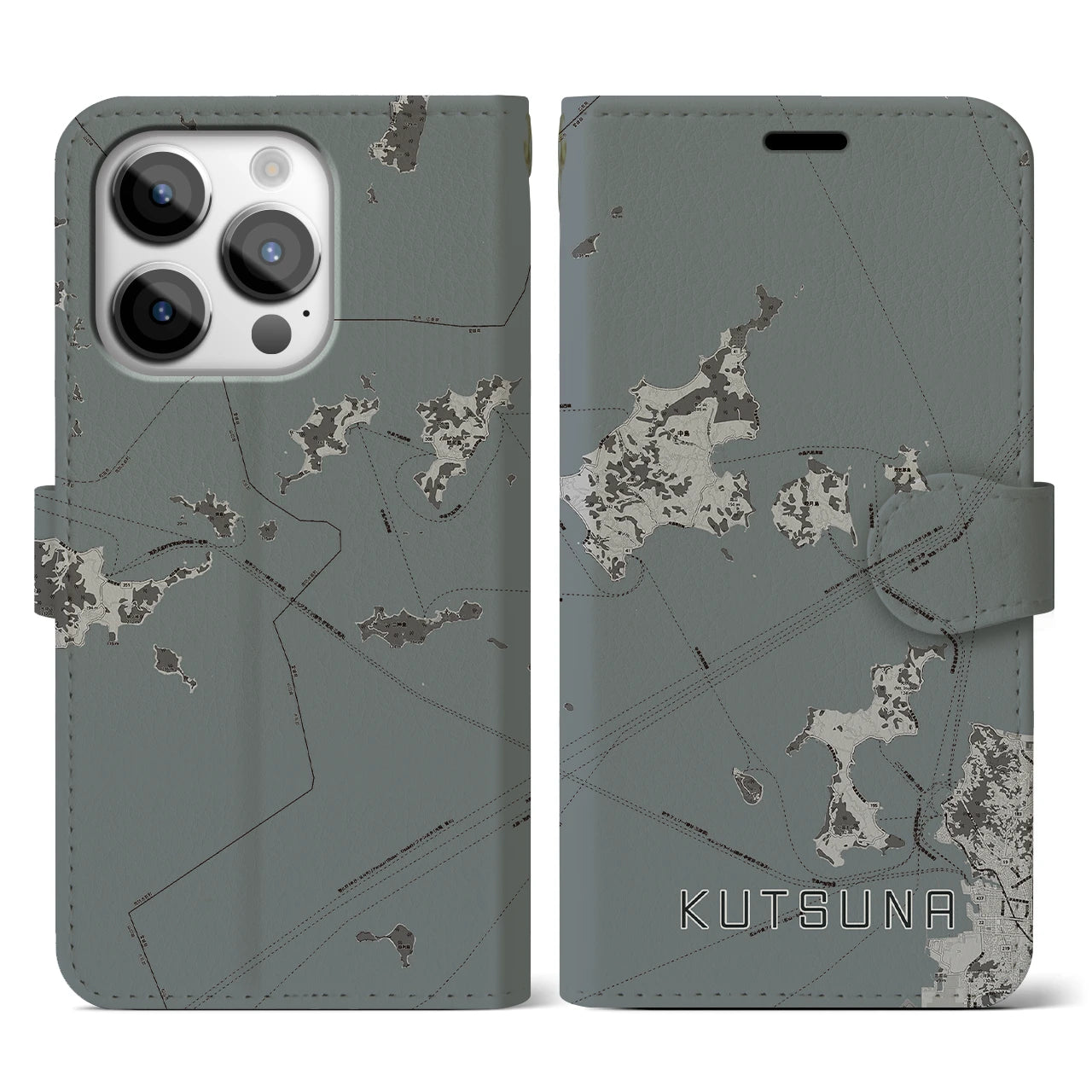 【忽那(愛媛県)】地図柄iPhoneケース(手帳タイプ)モノトーン・iPhone 14 Pro 用