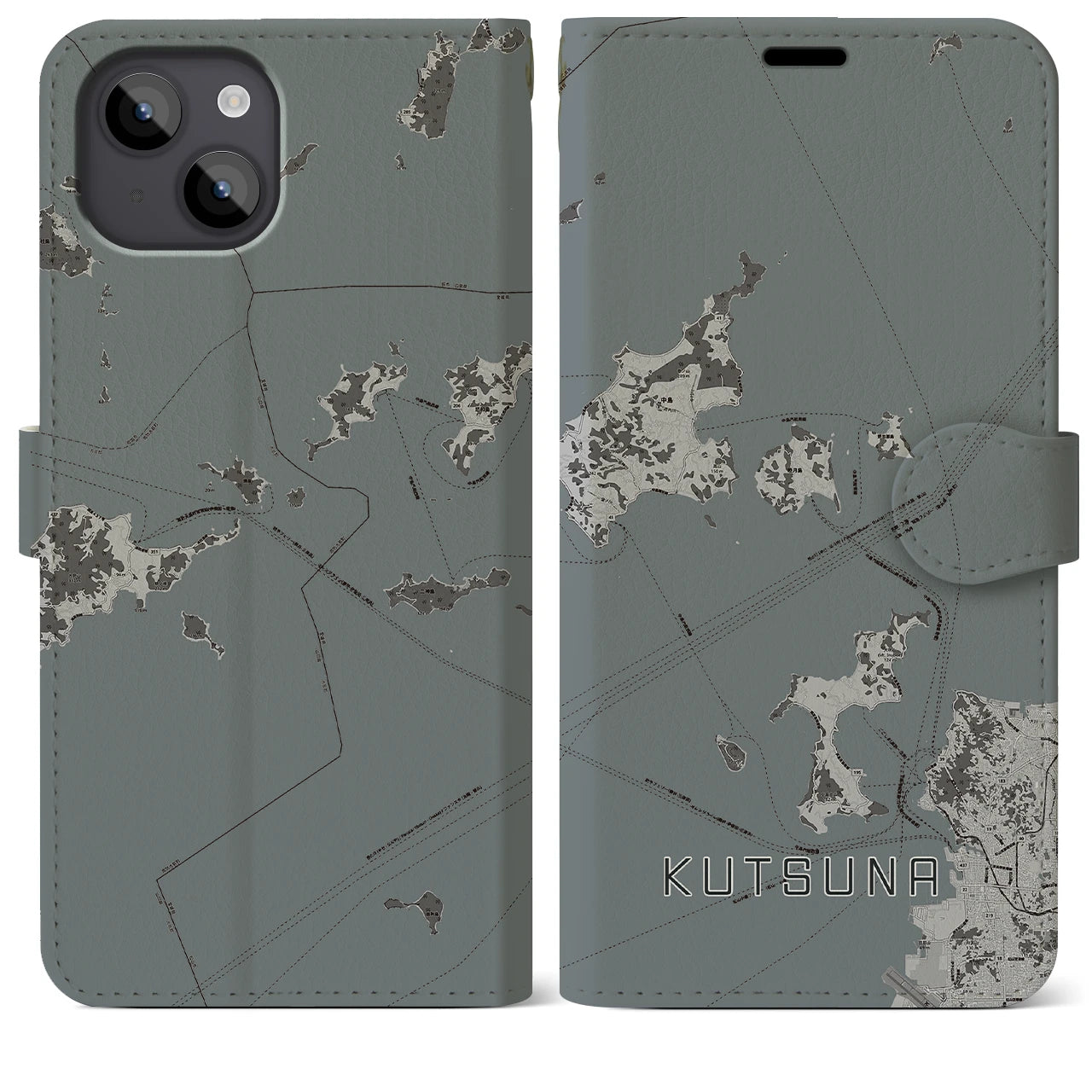 【忽那(愛媛県)】地図柄iPhoneケース(手帳タイプ)モノトーン・iPhone 14 Plus 用