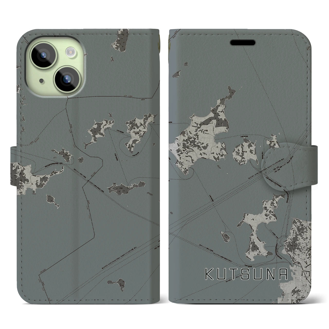 【忽那(愛媛県)】地図柄iPhoneケース(手帳タイプ)モノトーン・iPhone 15 用