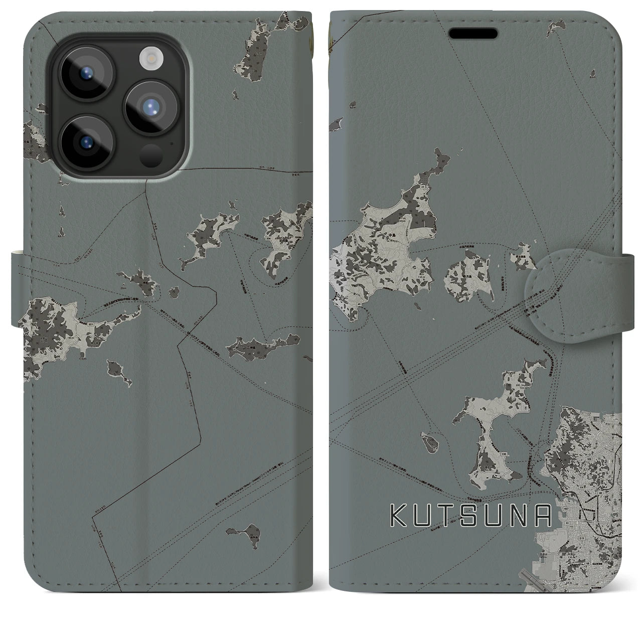 【忽那(愛媛県)】地図柄iPhoneケース(手帳タイプ)モノトーン・iPhone 15 Pro Max 用