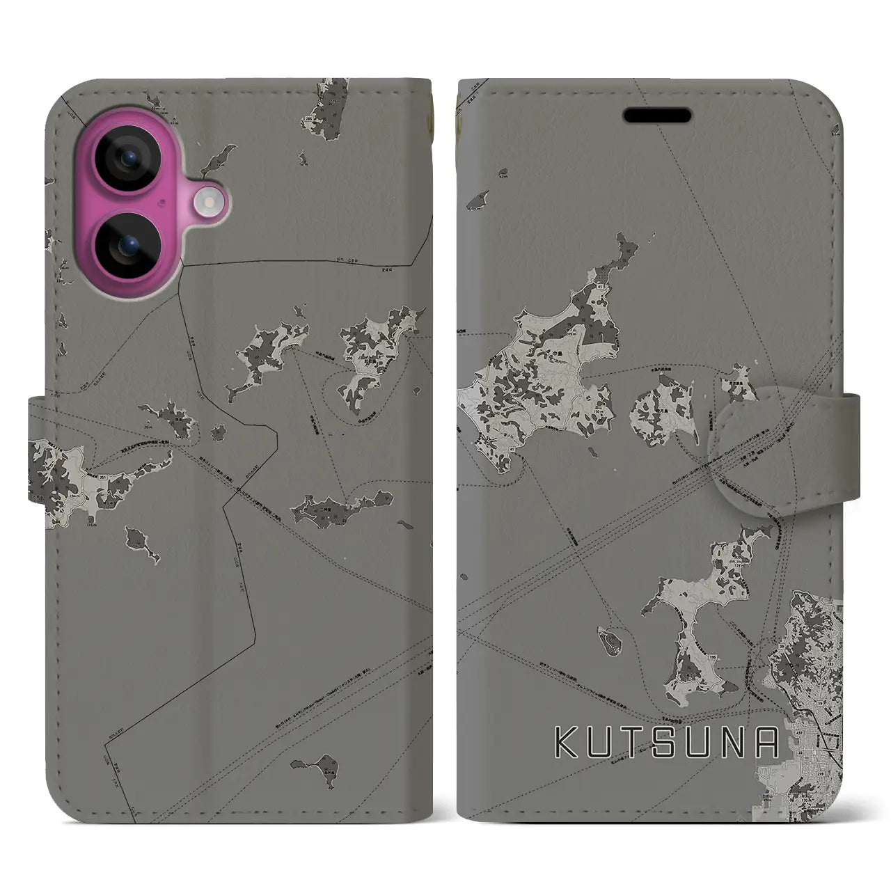 【忽那(愛媛県)】地図柄iPhoneケース(手帳タイプ)モノトーン・iPhone 16 Pro 用