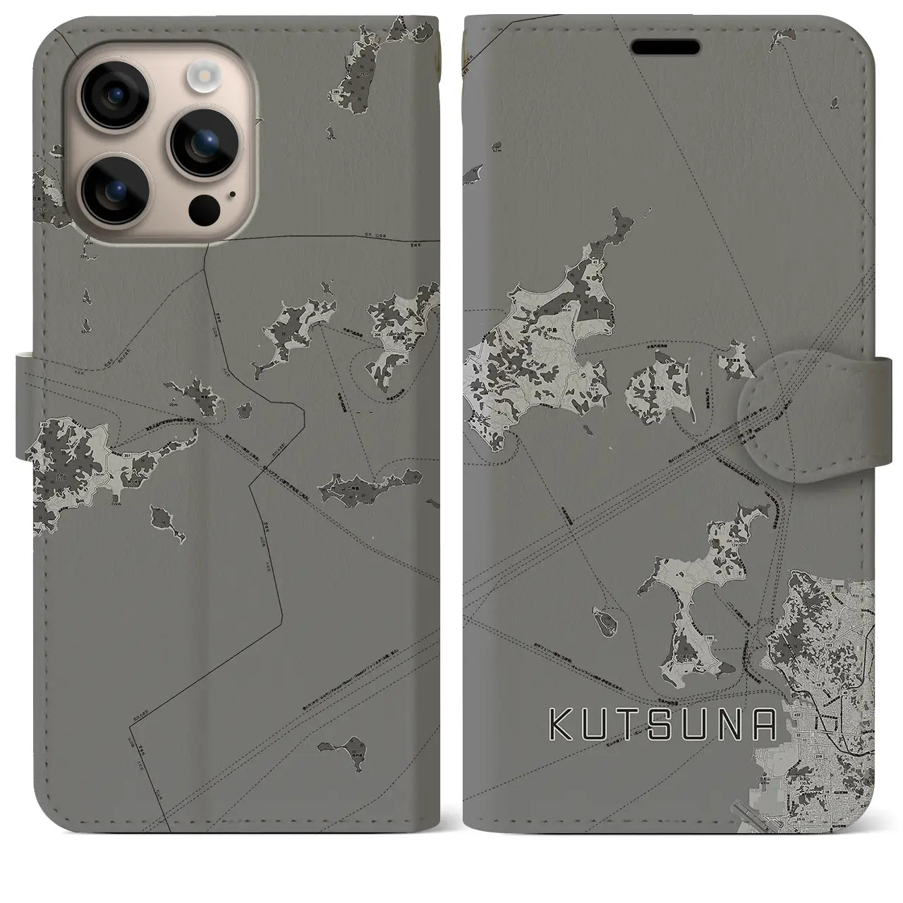 【忽那(愛媛県)】地図柄iPhoneケース(手帳タイプ)モノトーン・iPhone 16 Plus 用