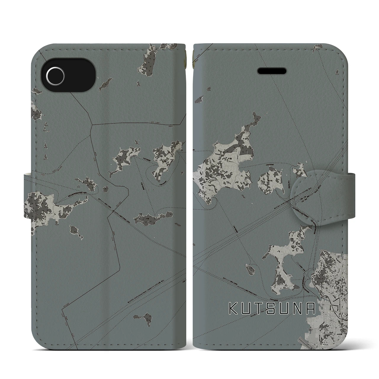 【忽那(愛媛県)】地図柄iPhoneケース(手帳タイプ)モノトーン・iPhone SE(第3 / 第2世代) / 8 / 7 / 6s / 6 用