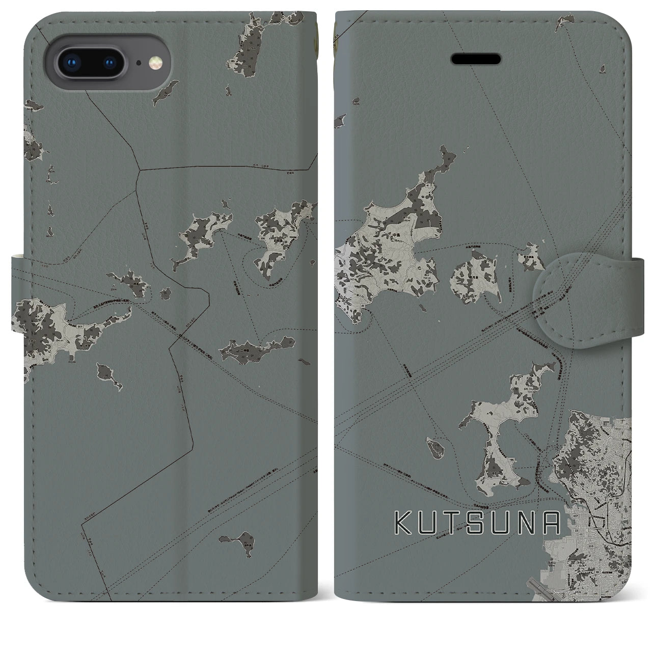 【忽那(愛媛県)】地図柄iPhoneケース(手帳タイプ)モノトーン・iPhone 8Plus /7Plus / 6sPlus / 6Plus 用