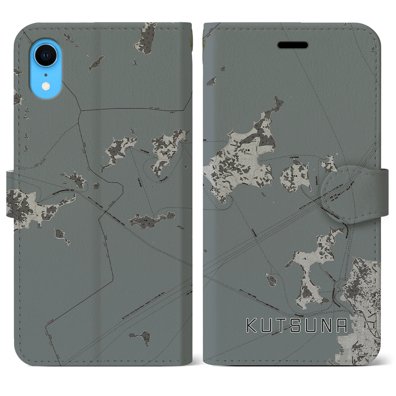 【忽那(愛媛県)】地図柄iPhoneケース(手帳タイプ)モノトーン・iPhone XR 用