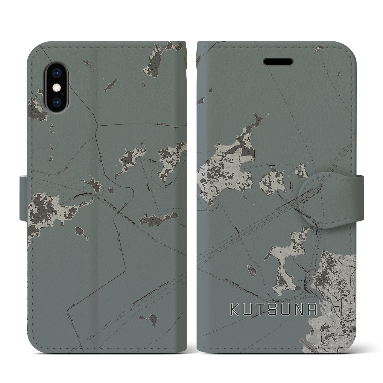 【忽那(愛媛県)】地図柄iPhoneケース(手帳タイプ)モノトーン・iPhone XS / X 用