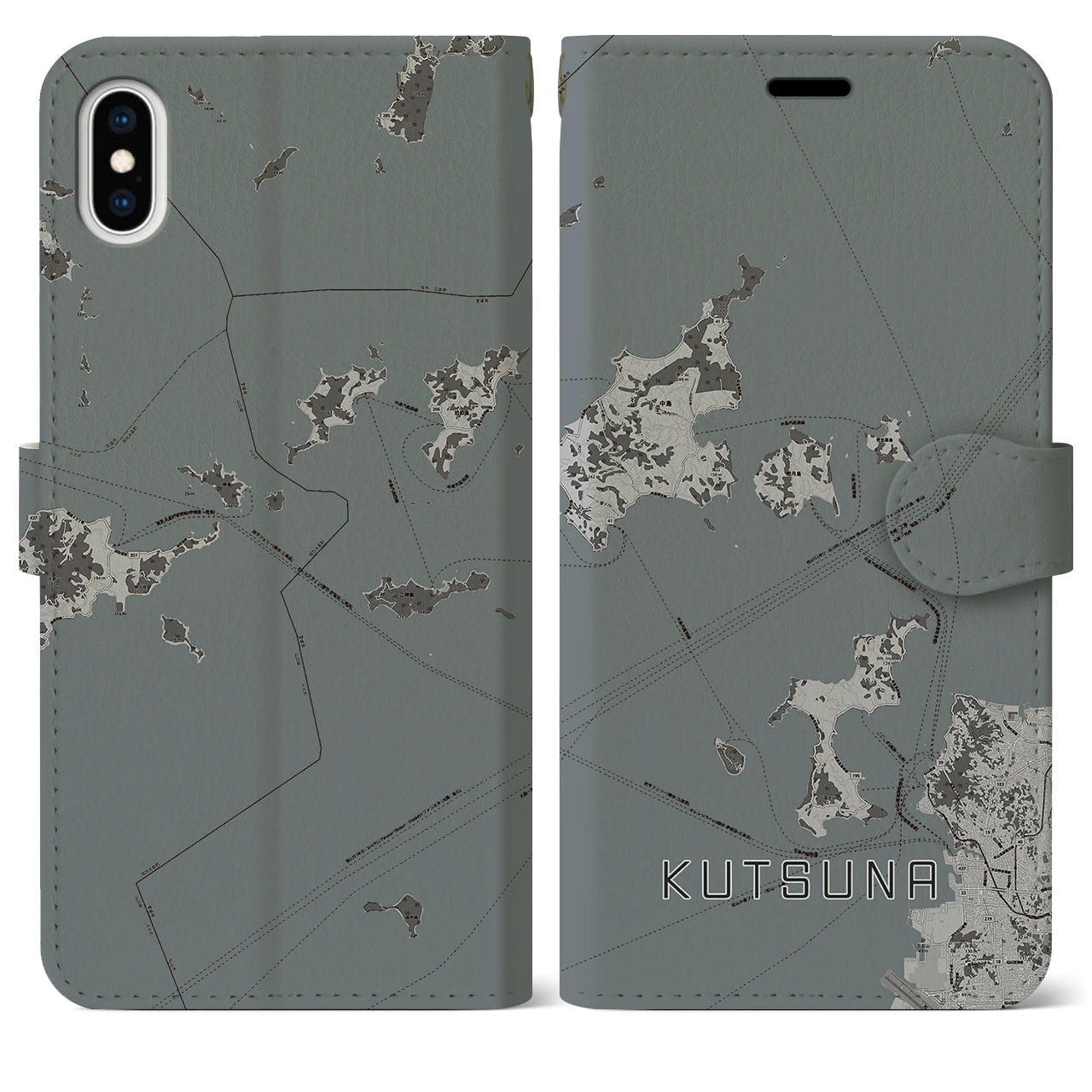 【忽那(愛媛県)】地図柄iPhoneケース(手帳タイプ)モノトーン・iPhone XS Max 用