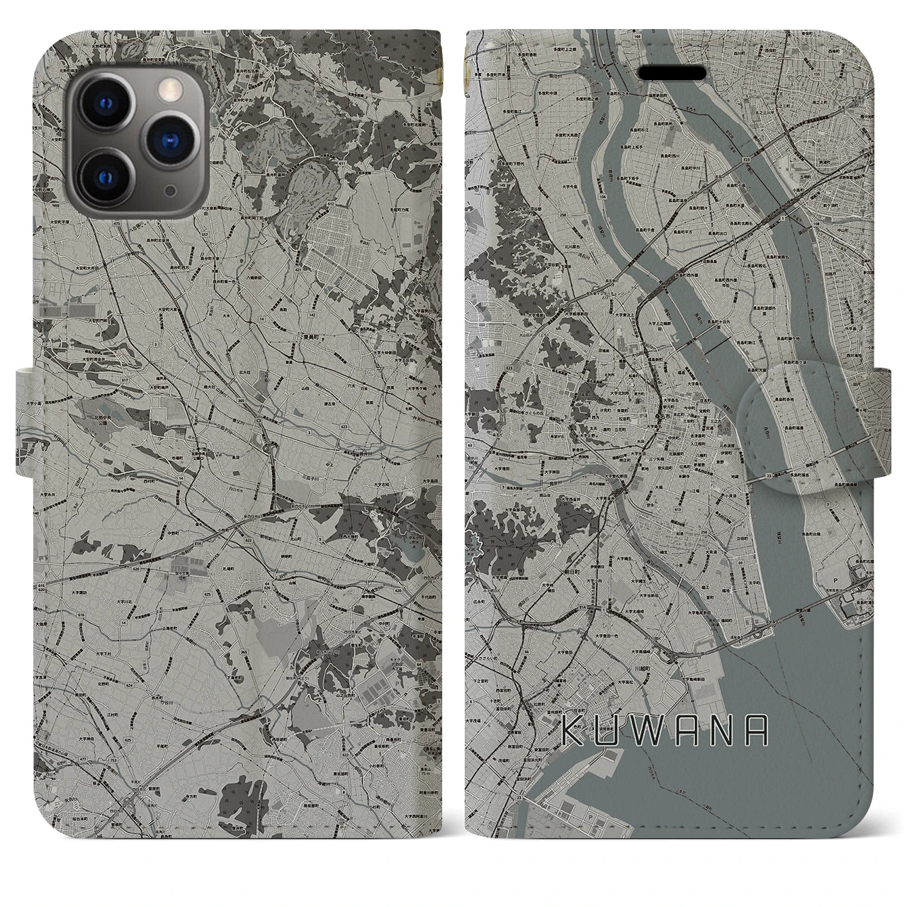 【桑名(三重県)】地図柄iPhoneケース(手帳タイプ)モノトーン・iPhone 11 Pro Max 用