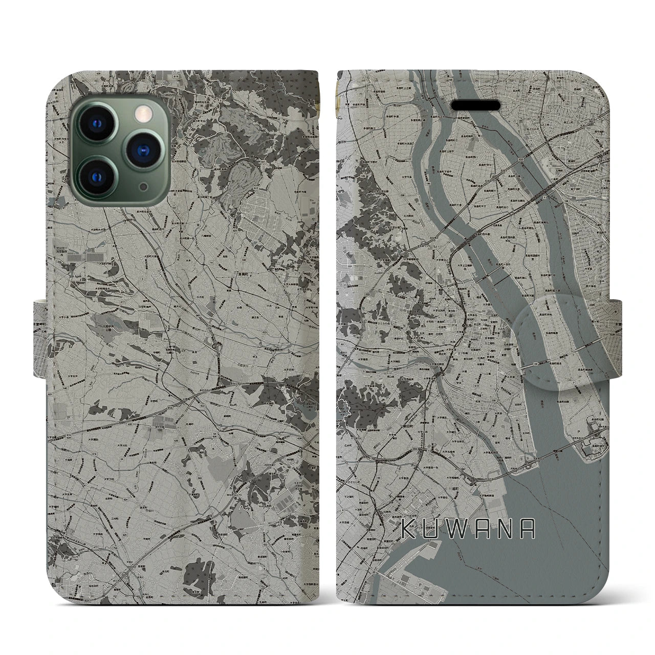 【桑名(三重県)】地図柄iPhoneケース(手帳タイプ)モノトーン・iPhone 11 Pro 用