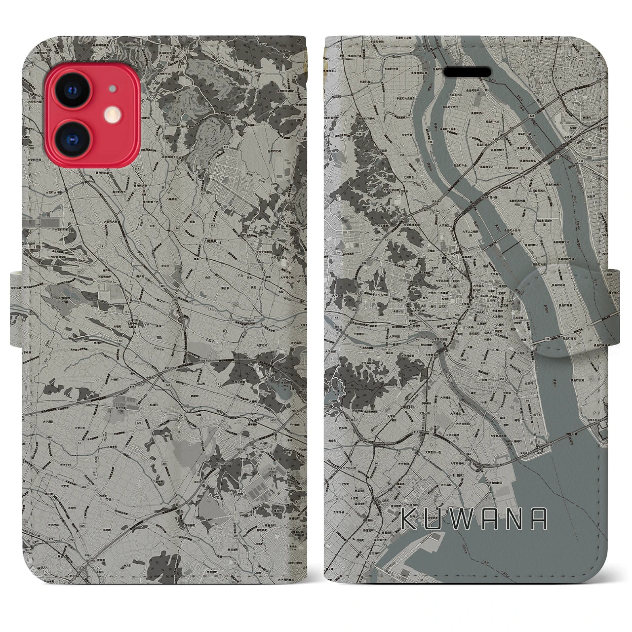 【桑名(三重県)】地図柄iPhoneケース(手帳タイプ)モノトーン・iPhone 11 用