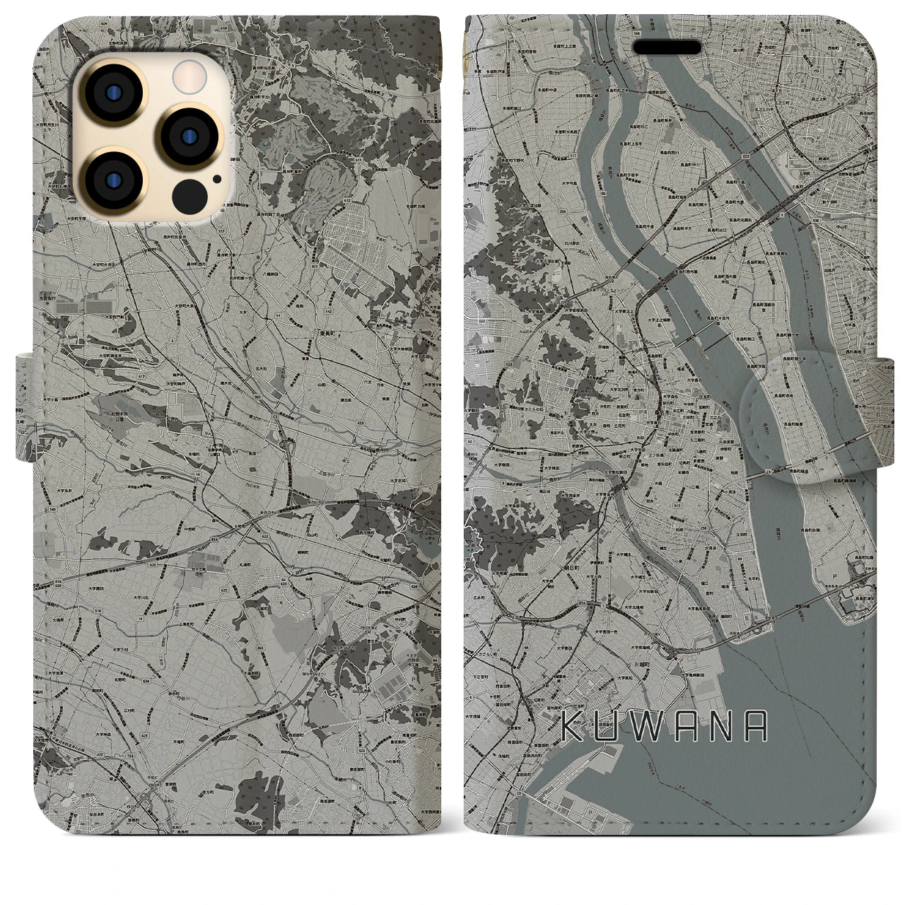 【桑名(三重県)】地図柄iPhoneケース(手帳タイプ)モノトーン・iPhone 12 Pro Max 用