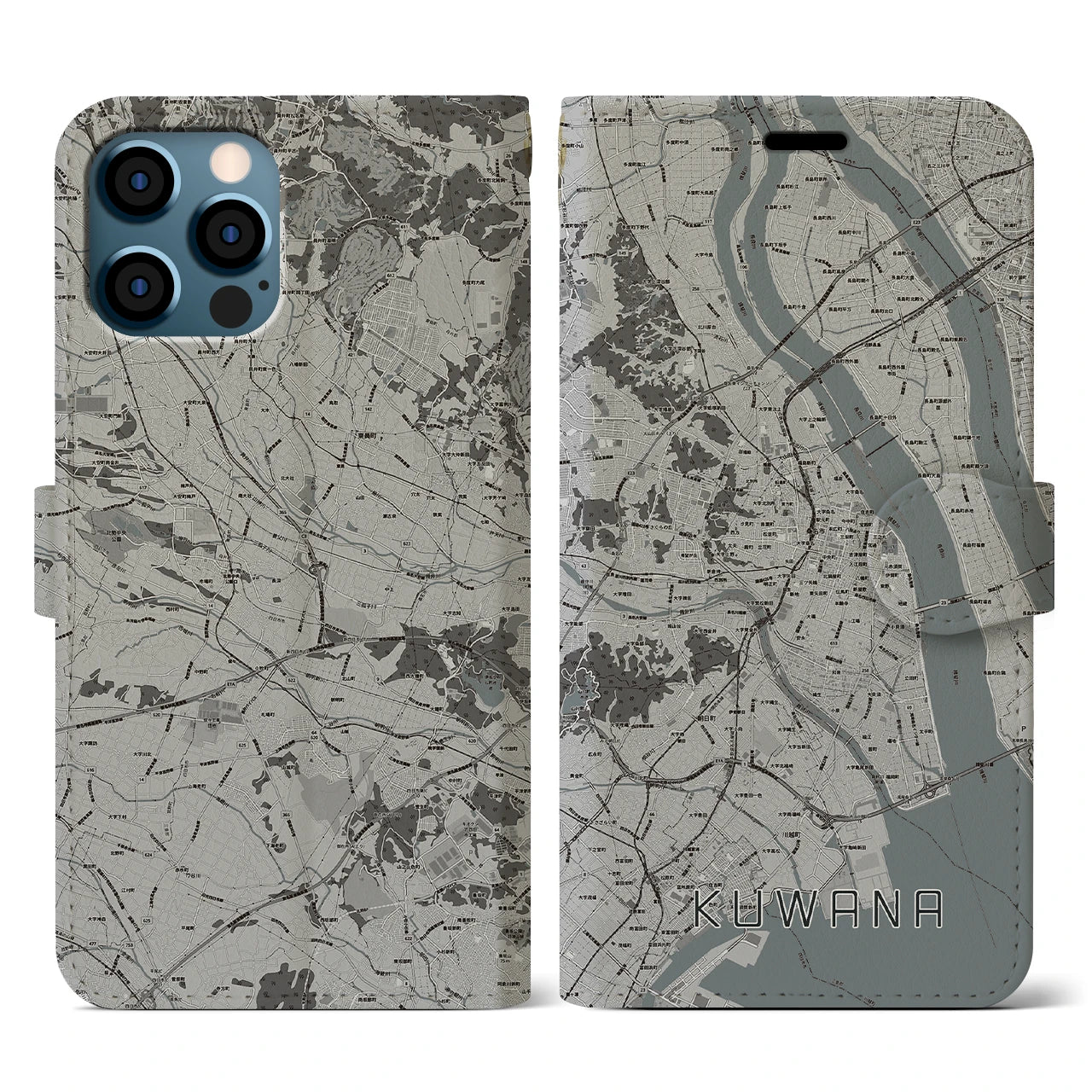 【桑名(三重県)】地図柄iPhoneケース(手帳タイプ)モノトーン・iPhone 12 / 12 Pro 用