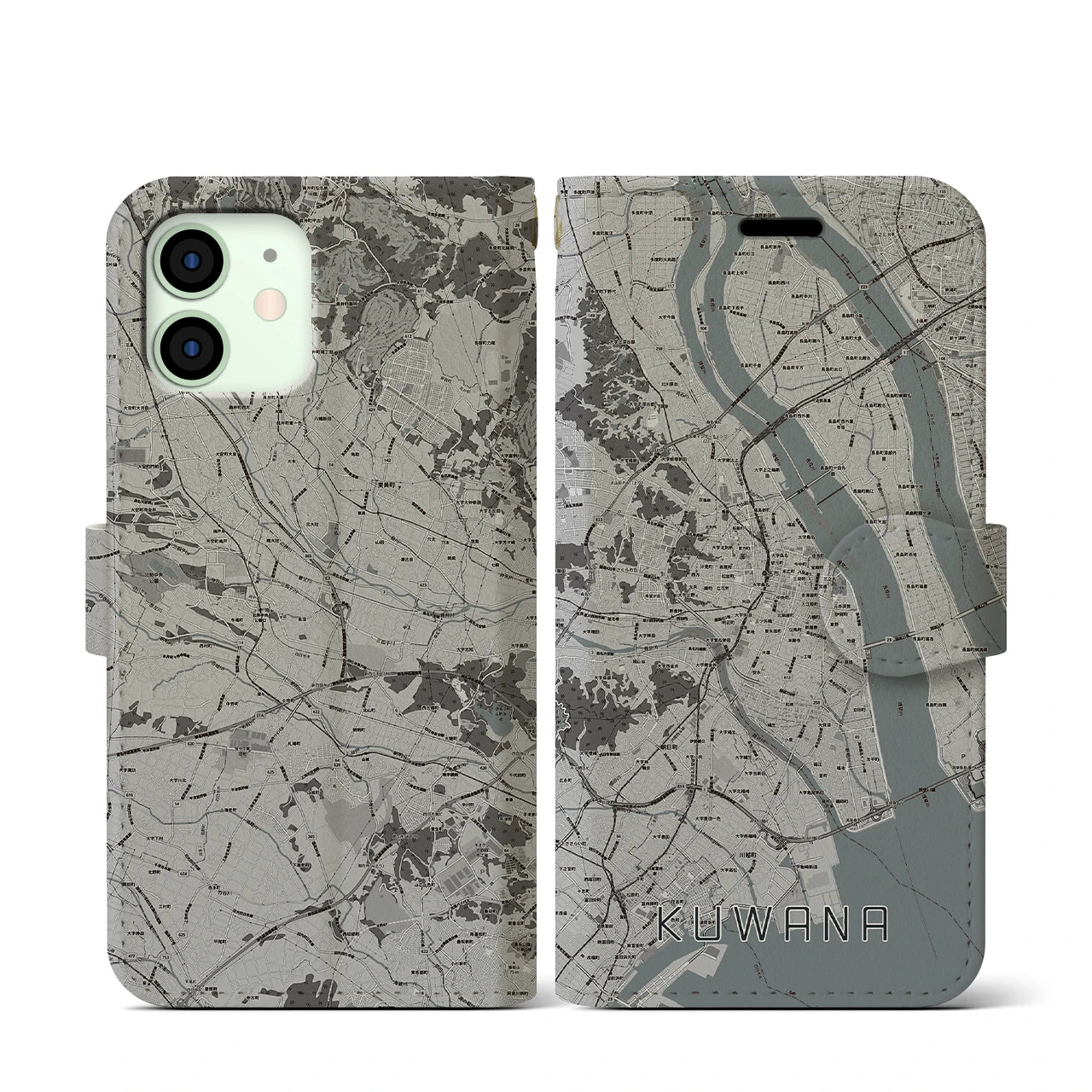 【桑名(三重県)】地図柄iPhoneケース(手帳タイプ)モノトーン・iPhone 12 mini 用