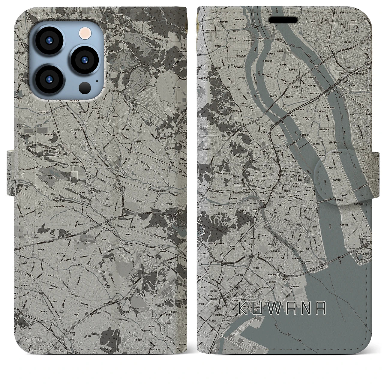 【桑名(三重県)】地図柄iPhoneケース(手帳タイプ)モノトーン・iPhone 13 Pro Max 用