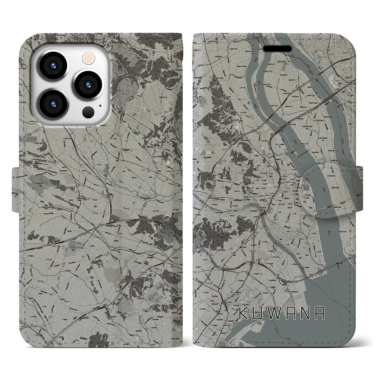 【桑名(三重県)】地図柄iPhoneケース(手帳タイプ)モノトーン・iPhone 13 Pro 用