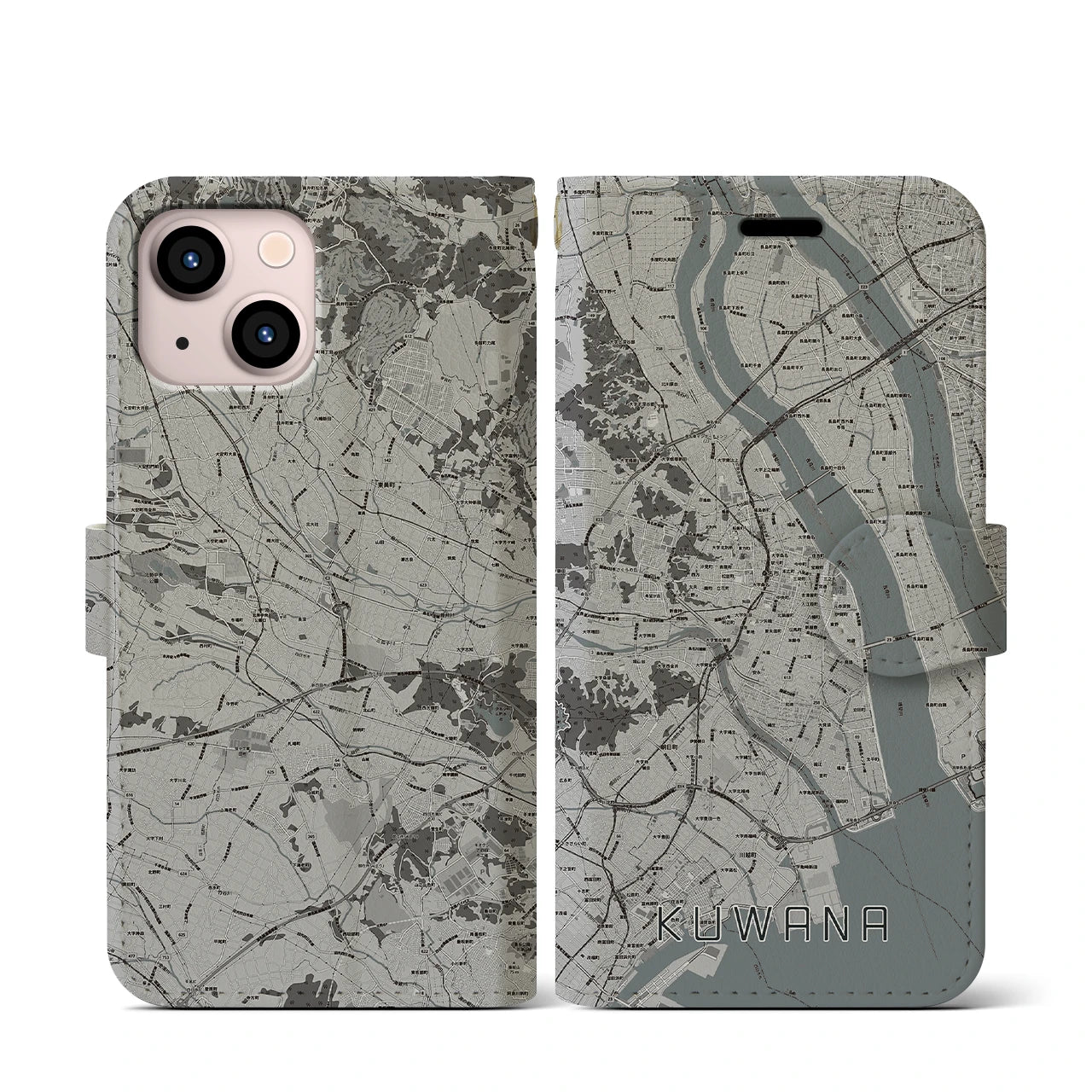 【桑名(三重県)】地図柄iPhoneケース(手帳タイプ)モノトーン・iPhone 13 mini 用