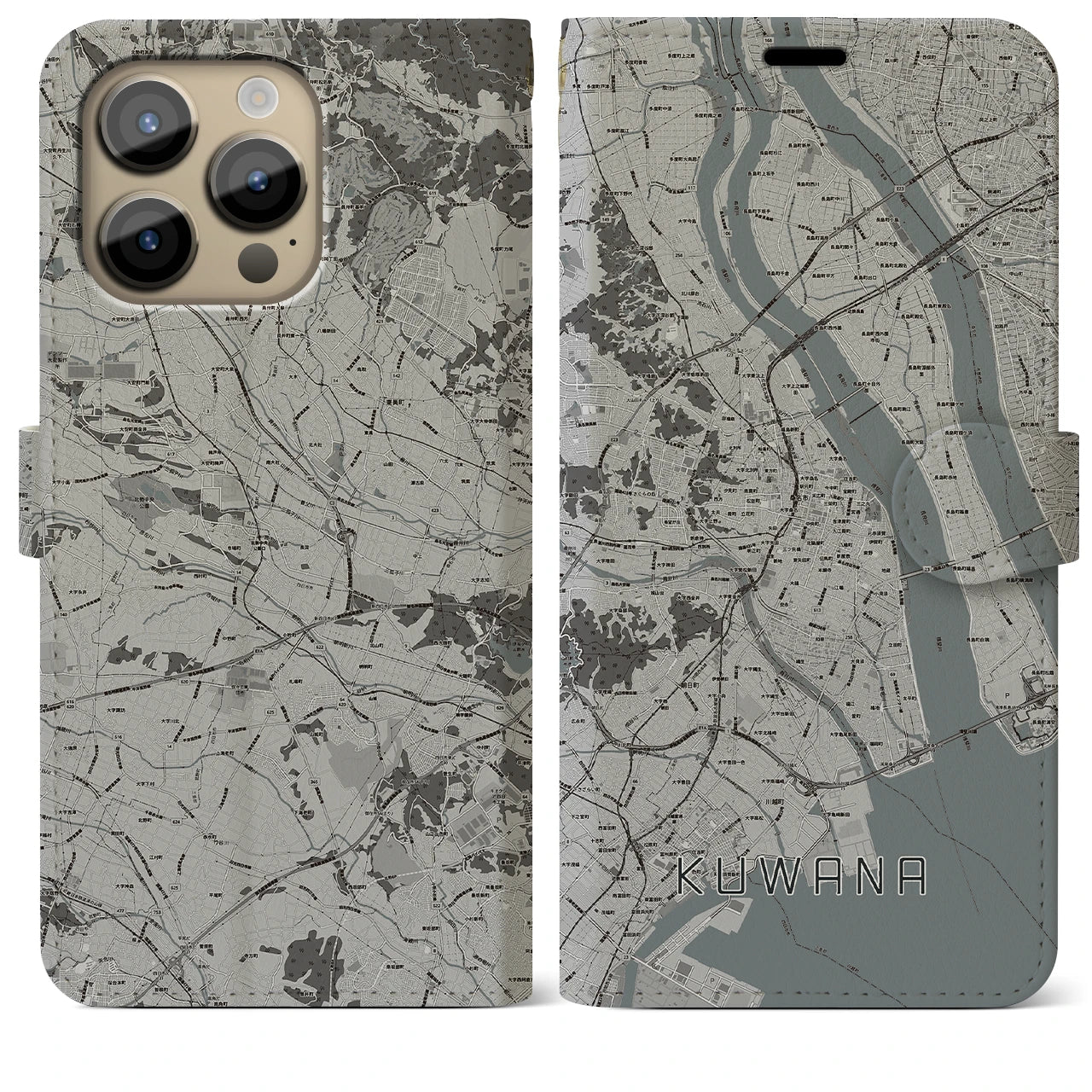 【桑名(三重県)】地図柄iPhoneケース(手帳タイプ)モノトーン・iPhone 14 Pro Max 用