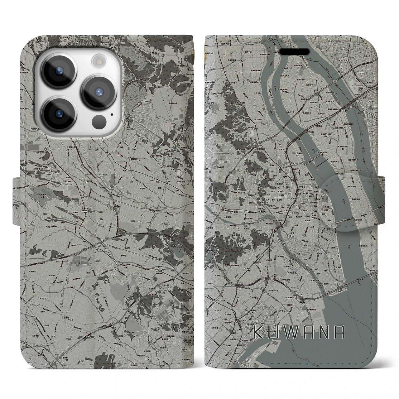 【桑名(三重県)】地図柄iPhoneケース(手帳タイプ)モノトーン・iPhone 14 Pro 用
