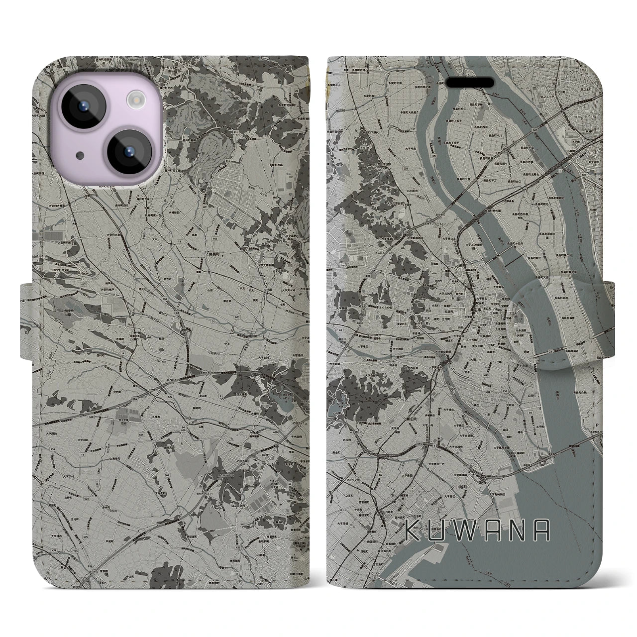 【桑名(三重県)】地図柄iPhoneケース(手帳タイプ)モノトーン・iPhone 14 用