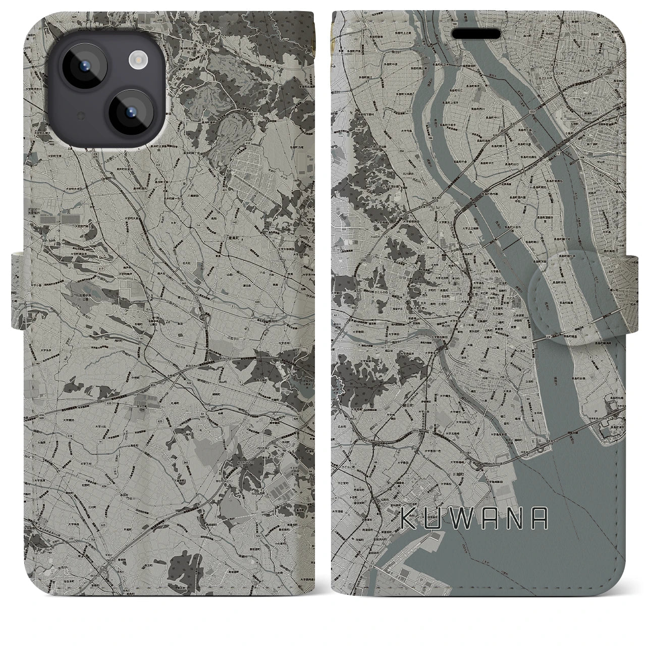 【桑名(三重県)】地図柄iPhoneケース(手帳タイプ)モノトーン・iPhone 14 Plus 用
