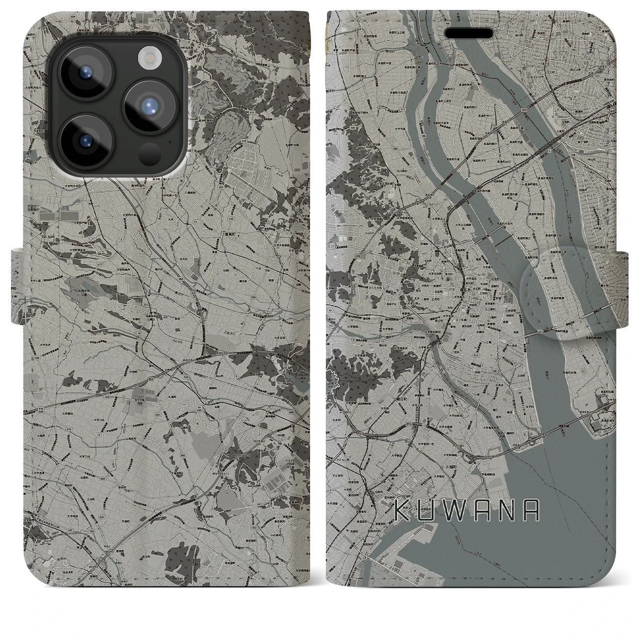 【桑名(三重県)】地図柄iPhoneケース(手帳タイプ)モノトーン・iPhone 15 Pro Max 用