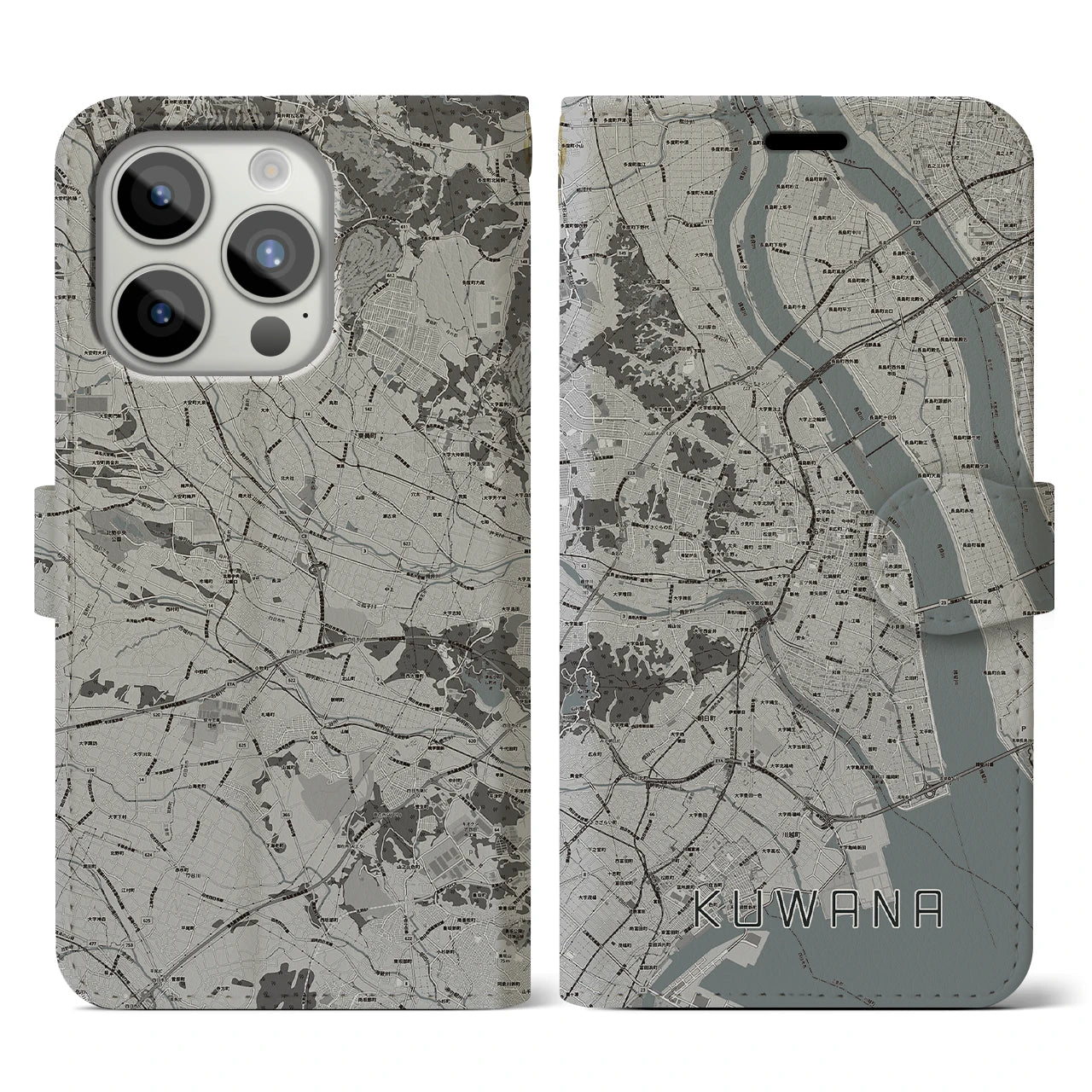 【桑名(三重県)】地図柄iPhoneケース(手帳タイプ)モノトーン・iPhone 15 Pro 用