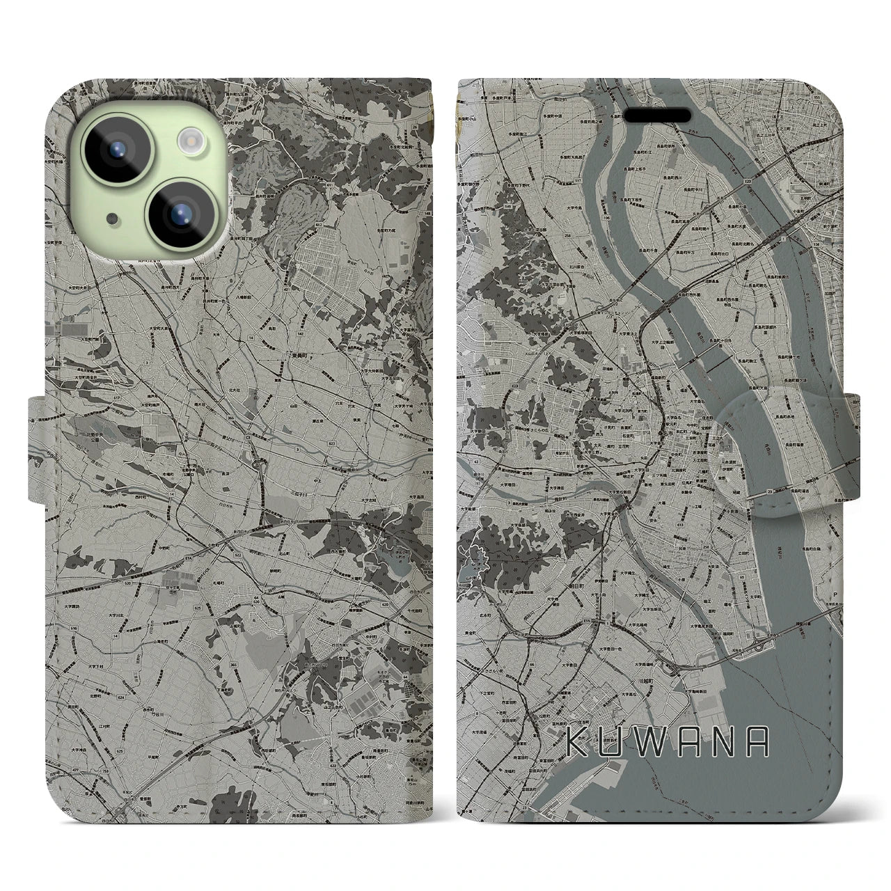 【桑名(三重県)】地図柄iPhoneケース(手帳タイプ)モノトーン・iPhone 15 用