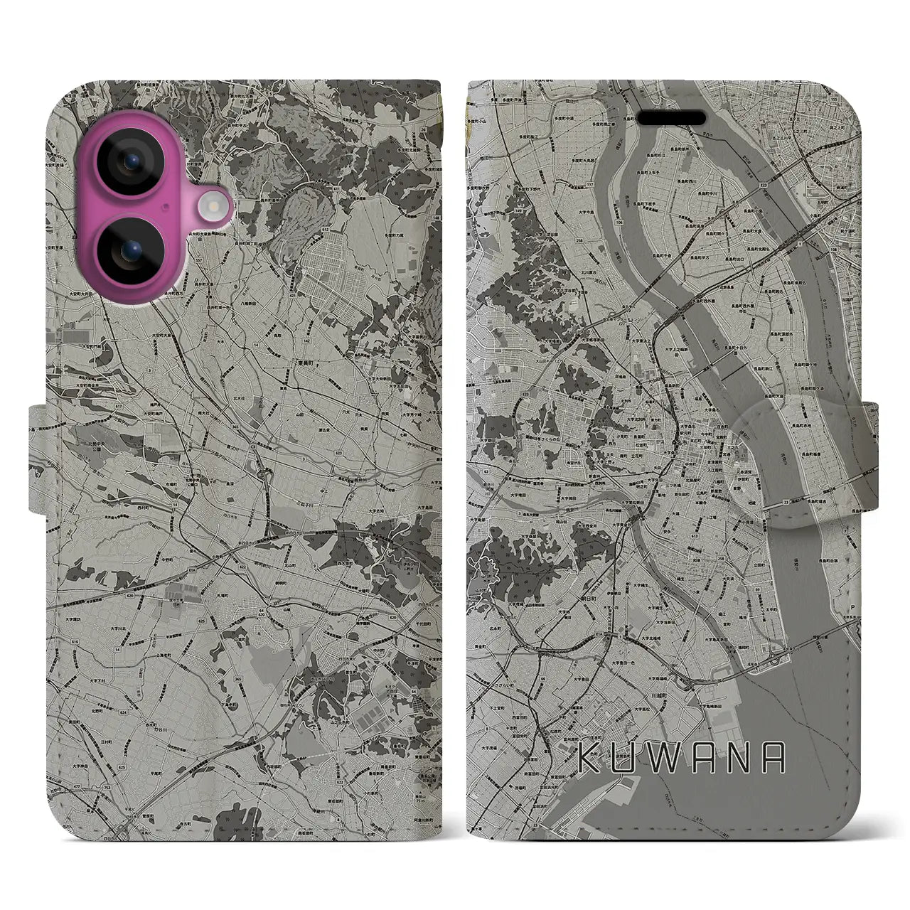 【桑名(三重県)】地図柄iPhoneケース(手帳タイプ)モノトーン・iPhone 16 Pro 用