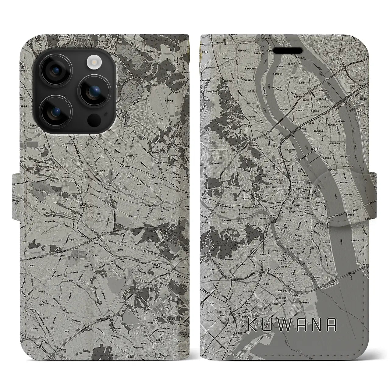 【桑名(三重県)】地図柄iPhoneケース(手帳タイプ)モノトーン・iPhone 16 用