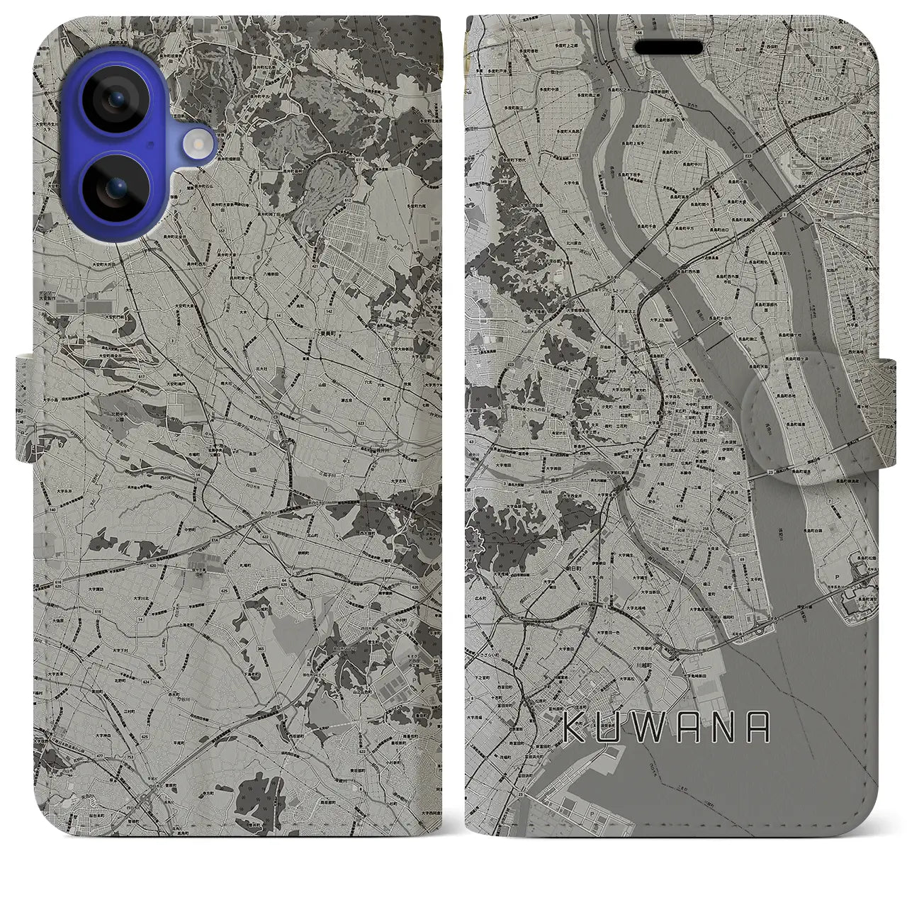 【桑名(三重県)】地図柄iPhoneケース(手帳タイプ)モノトーン・iPhone 16 Pro Max 用