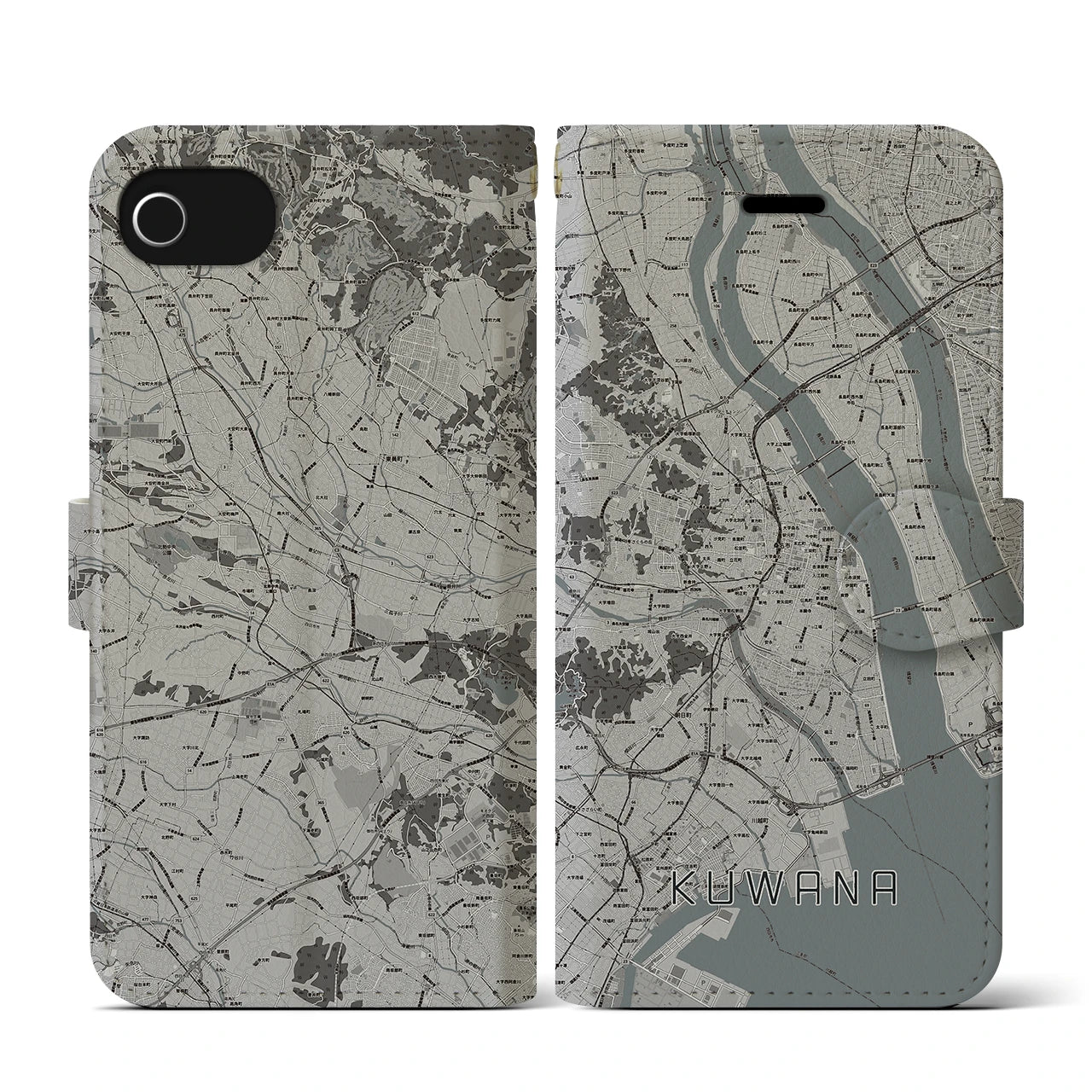 【桑名(三重県)】地図柄iPhoneケース(手帳タイプ)モノトーン・iPhone SE(第3 / 第2世代) / 8 / 7 / 6s / 6 用