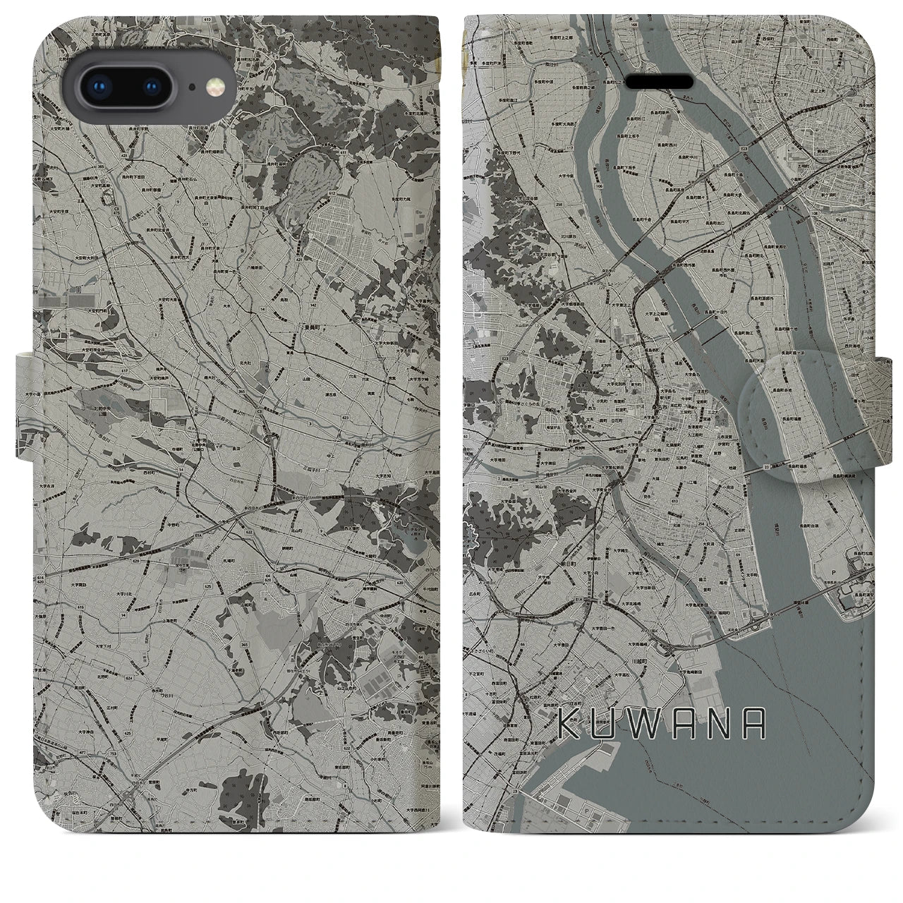 【桑名(三重県)】地図柄iPhoneケース(手帳タイプ)モノトーン・iPhone 8Plus /7Plus / 6sPlus / 6Plus 用