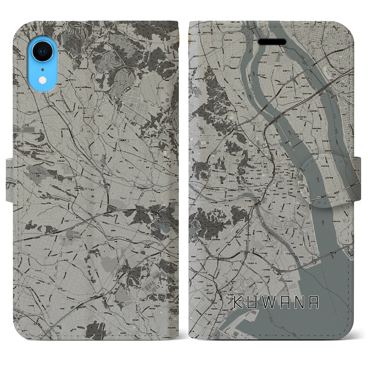 【桑名(三重県)】地図柄iPhoneケース(手帳タイプ)モノトーン・iPhone XR 用