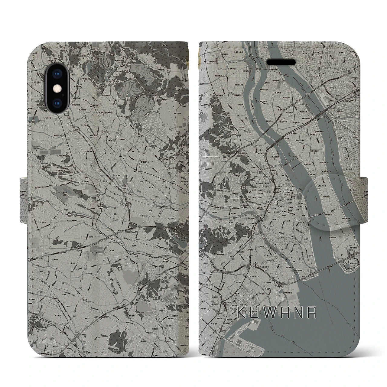 【桑名(三重県)】地図柄iPhoneケース(手帳タイプ)モノトーン・iPhone XS / X 用