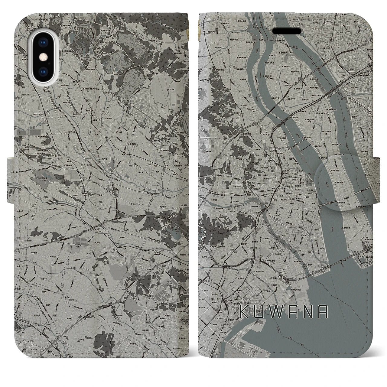 【桑名(三重県)】地図柄iPhoneケース(手帳タイプ)モノトーン・iPhone XS Max 用