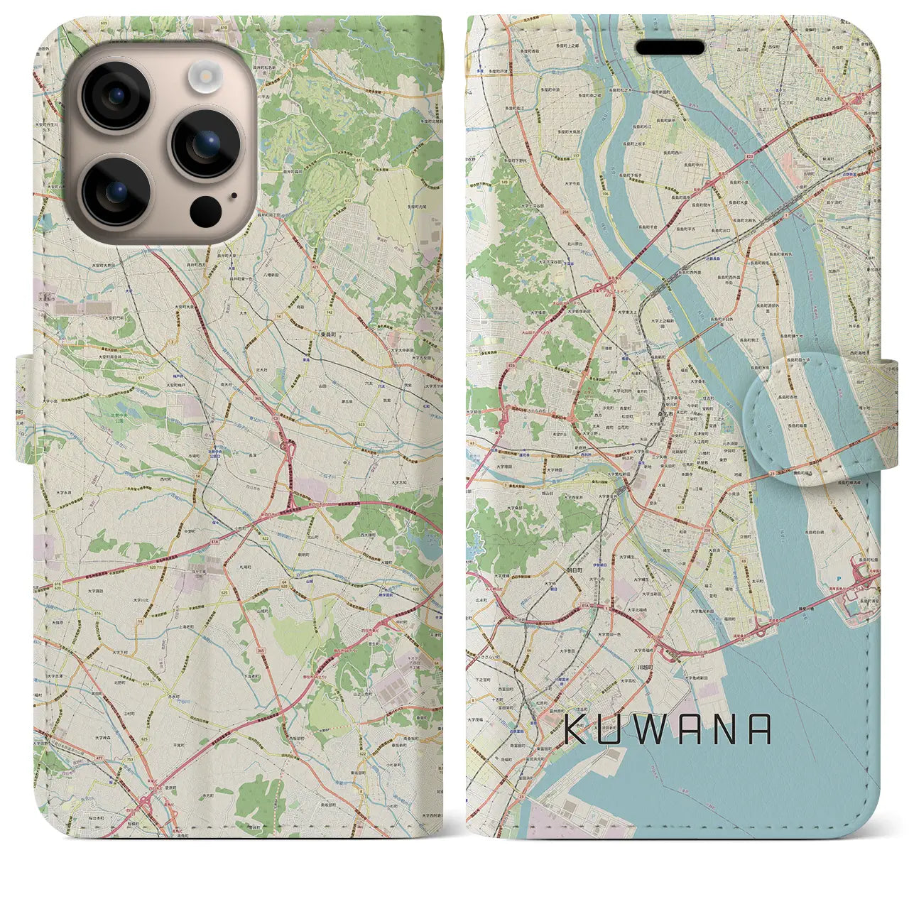 【桑名(三重県)】地図柄iPhoneケース(手帳タイプ)ナチュラル・iPhone 16 Plus 用