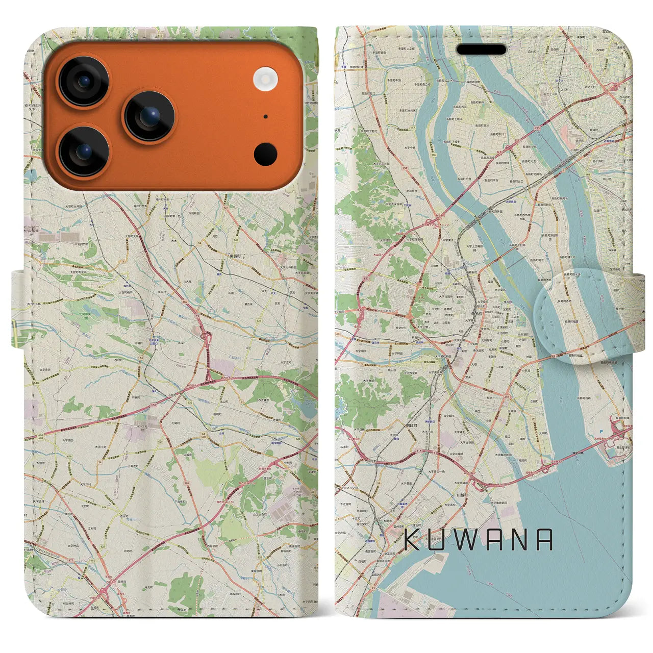 【桑名(三重県)】地図柄iPhoneケース(手帳タイプ)ナチュラル・iPhone 17 Pro Max 用