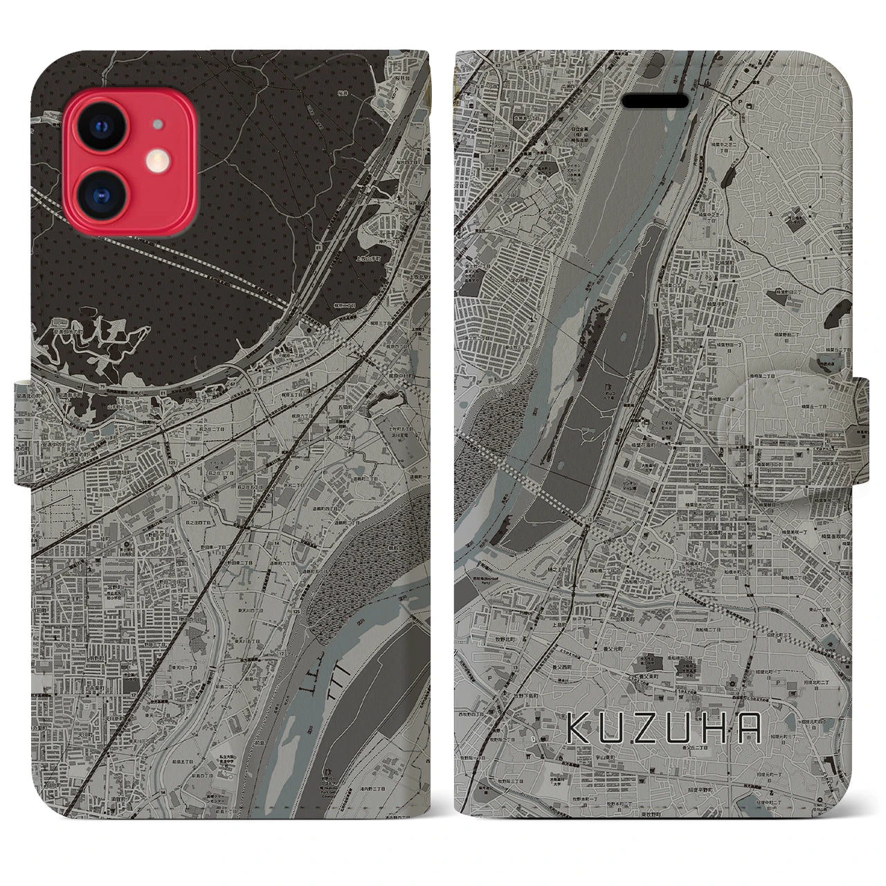 【樟葉(大阪府)】地図柄iPhoneケース(手帳タイプ)モノトーン・iPhone 11 用