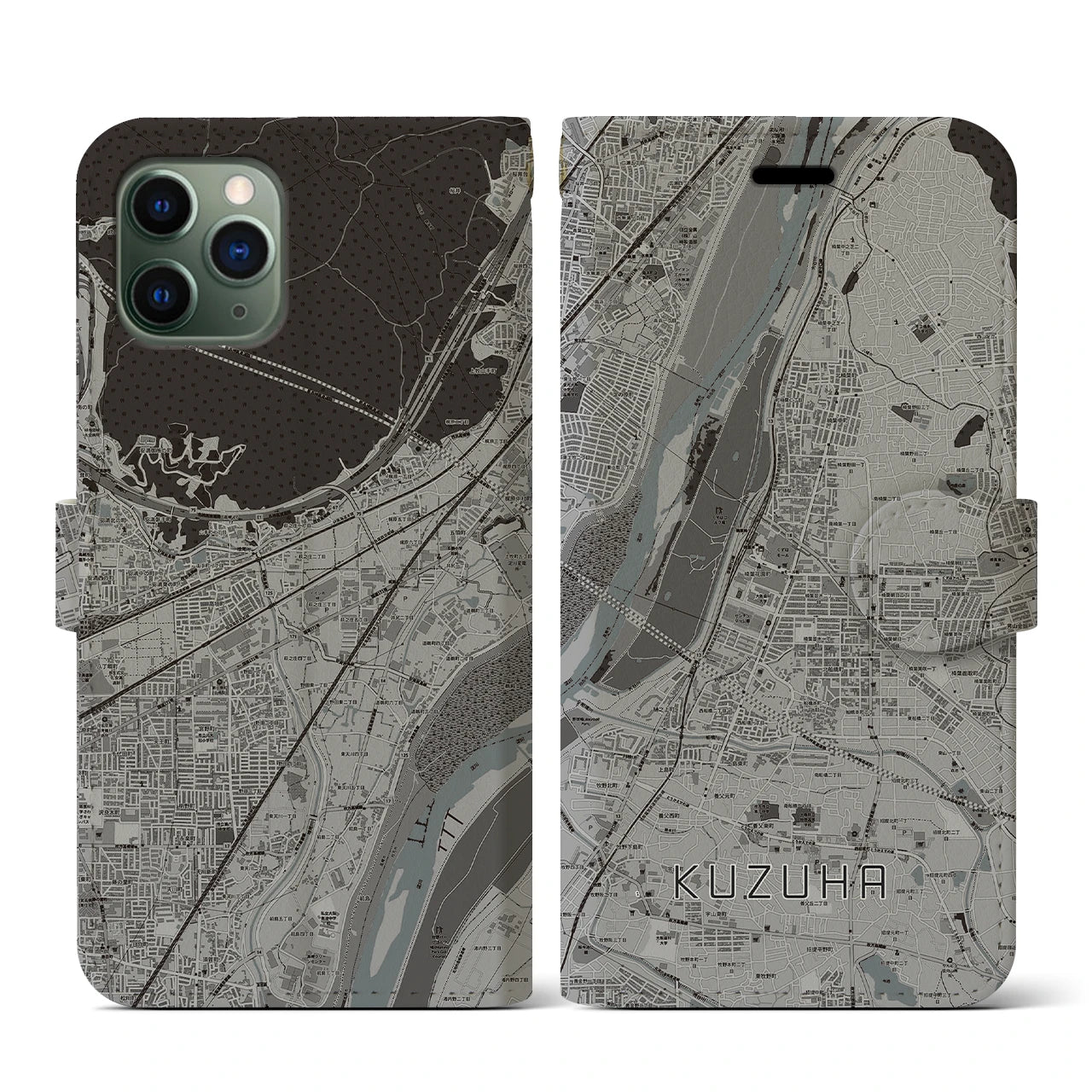 【樟葉(大阪府)】地図柄iPhoneケース(手帳タイプ)モノトーン・iPhone 11 Pro 用