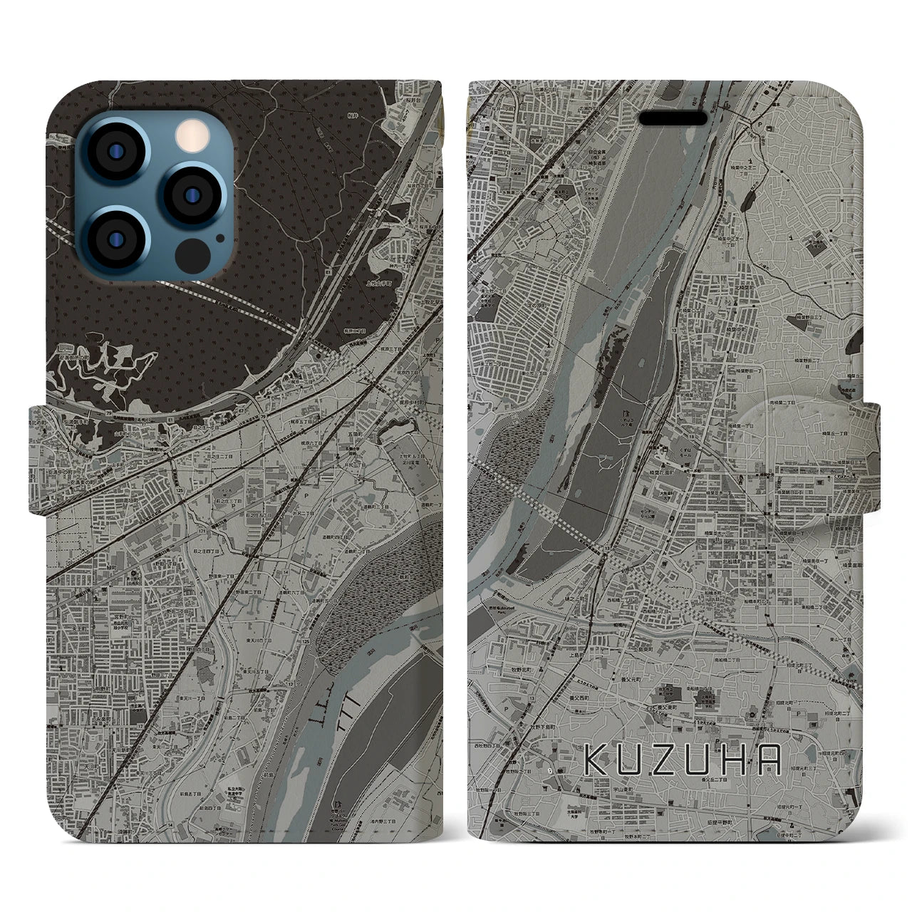 【樟葉(大阪府)】地図柄iPhoneケース(手帳タイプ)モノトーン・iPhone 12 / 12 Pro 用