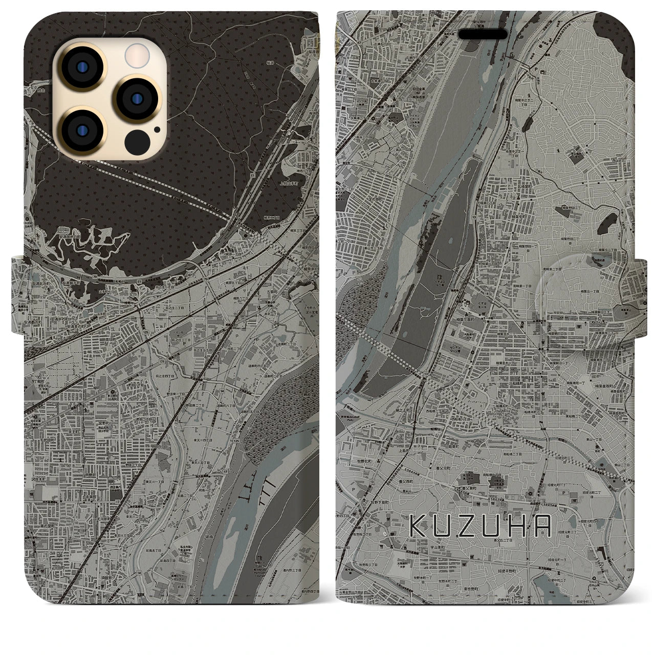 【樟葉(大阪府)】地図柄iPhoneケース(手帳タイプ)モノトーン・iPhone 12 Pro Max 用