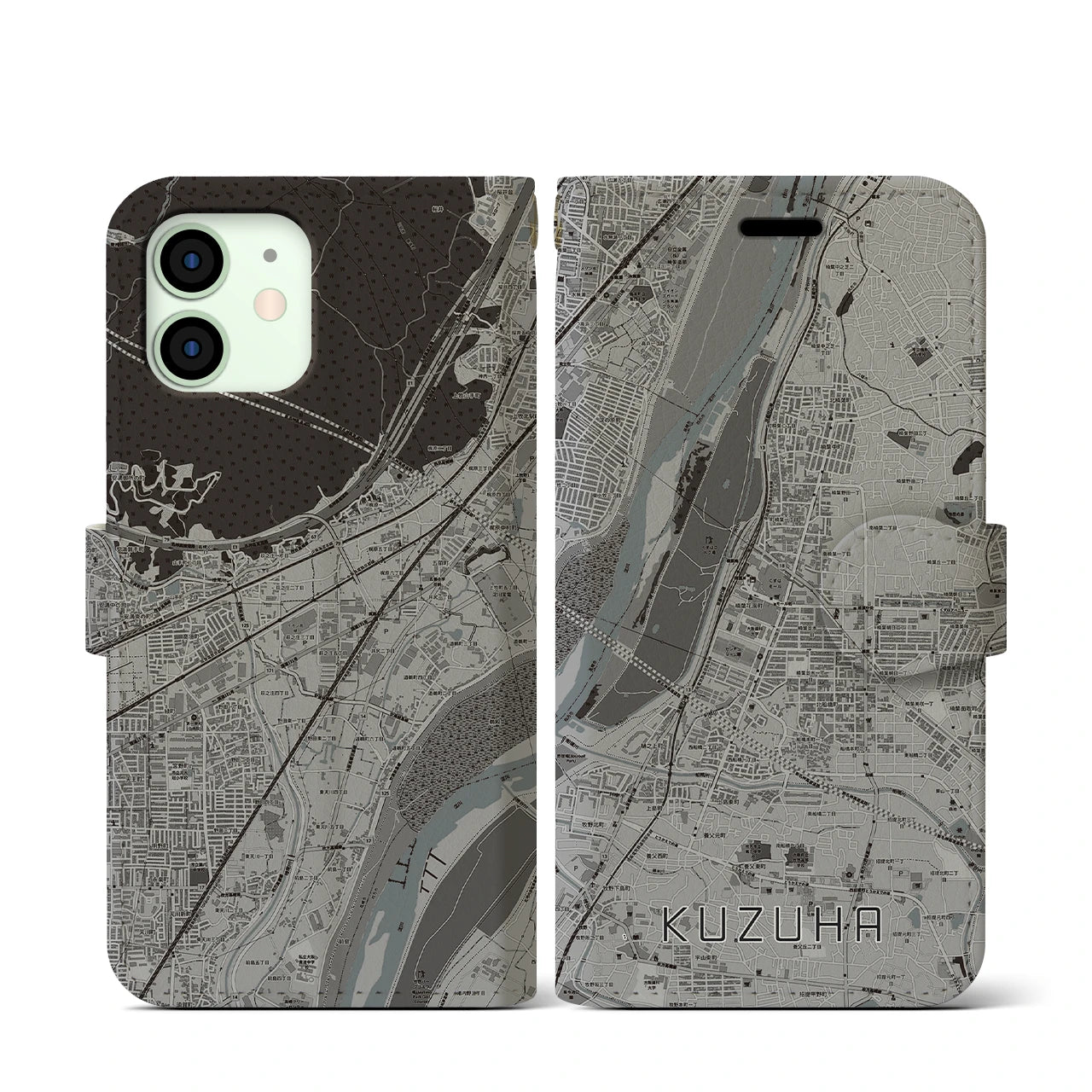 【樟葉(大阪府)】地図柄iPhoneケース(手帳タイプ)モノトーン・iPhone 12 mini 用