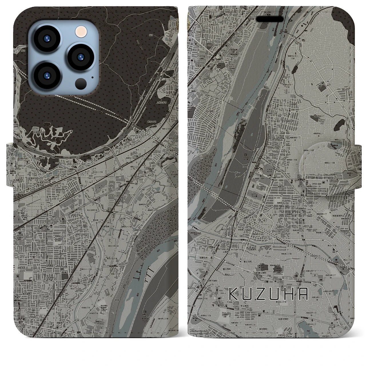 【樟葉(大阪府)】地図柄iPhoneケース(手帳タイプ)モノトーン・iPhone 13 Pro Max 用