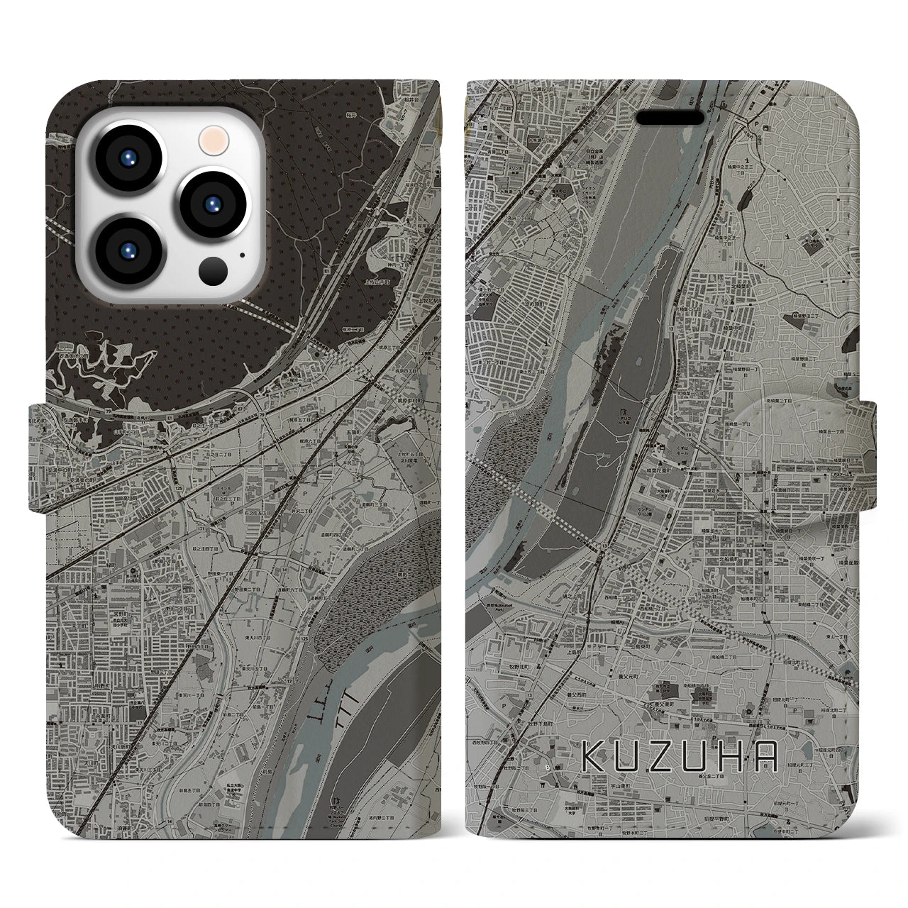 【樟葉(大阪府)】地図柄iPhoneケース(手帳タイプ)モノトーン・iPhone 13 Pro 用