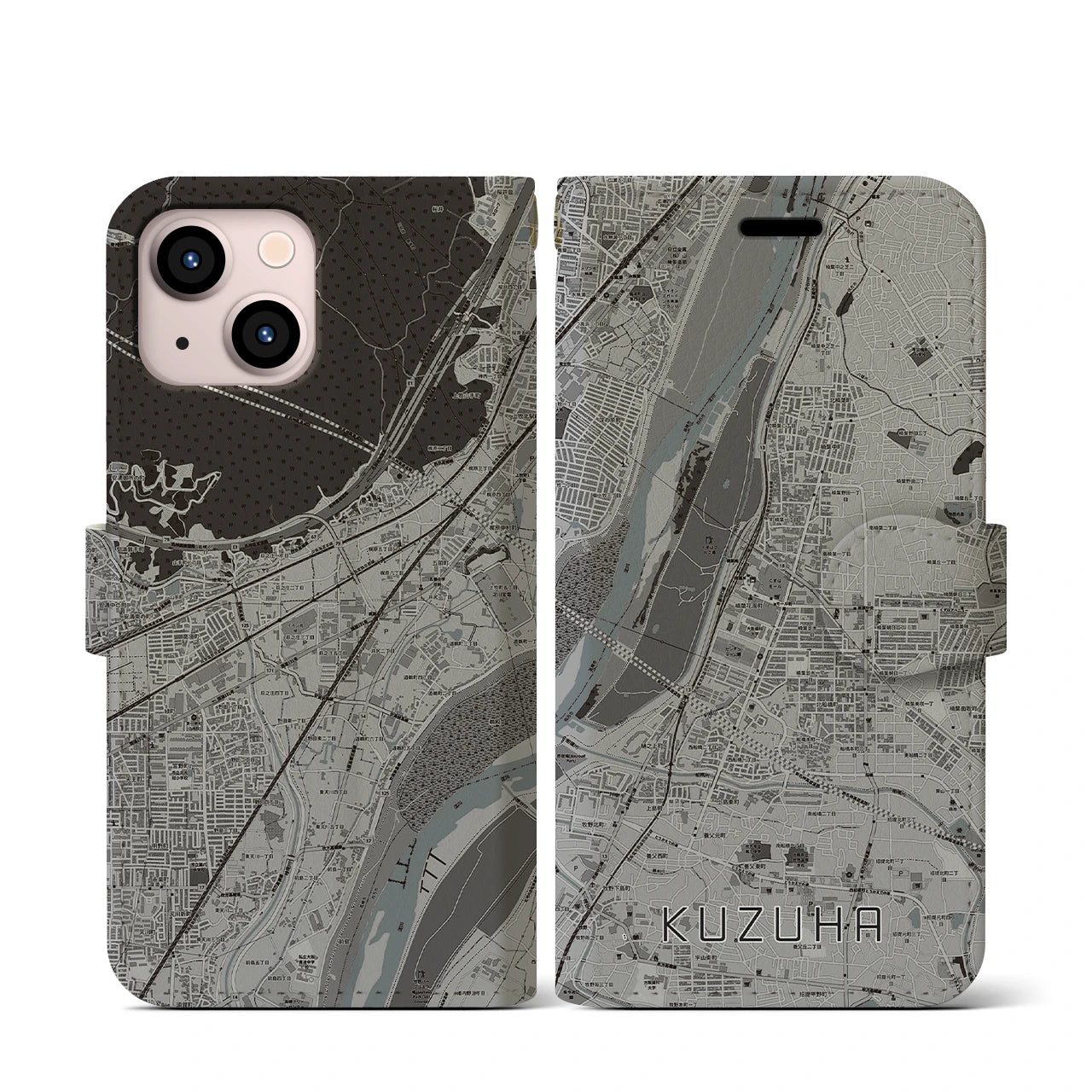 【樟葉(大阪府)】地図柄iPhoneケース(手帳タイプ)モノトーン・iPhone 13 mini 用