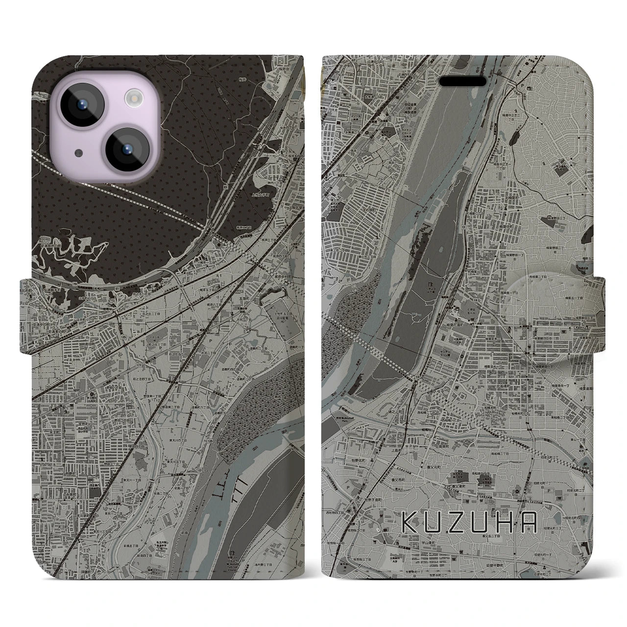 【樟葉(大阪府)】地図柄iPhoneケース(手帳タイプ)モノトーン・iPhone 14 用