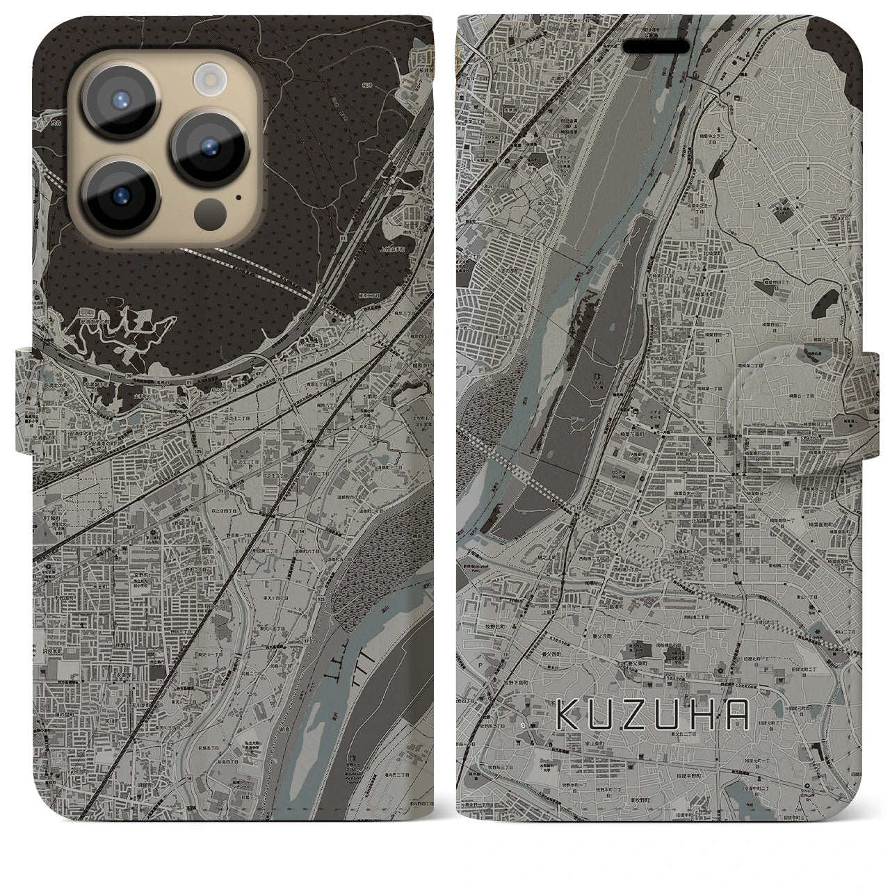 【樟葉(大阪府)】地図柄iPhoneケース(手帳タイプ)モノトーン・iPhone 14 Pro Max 用