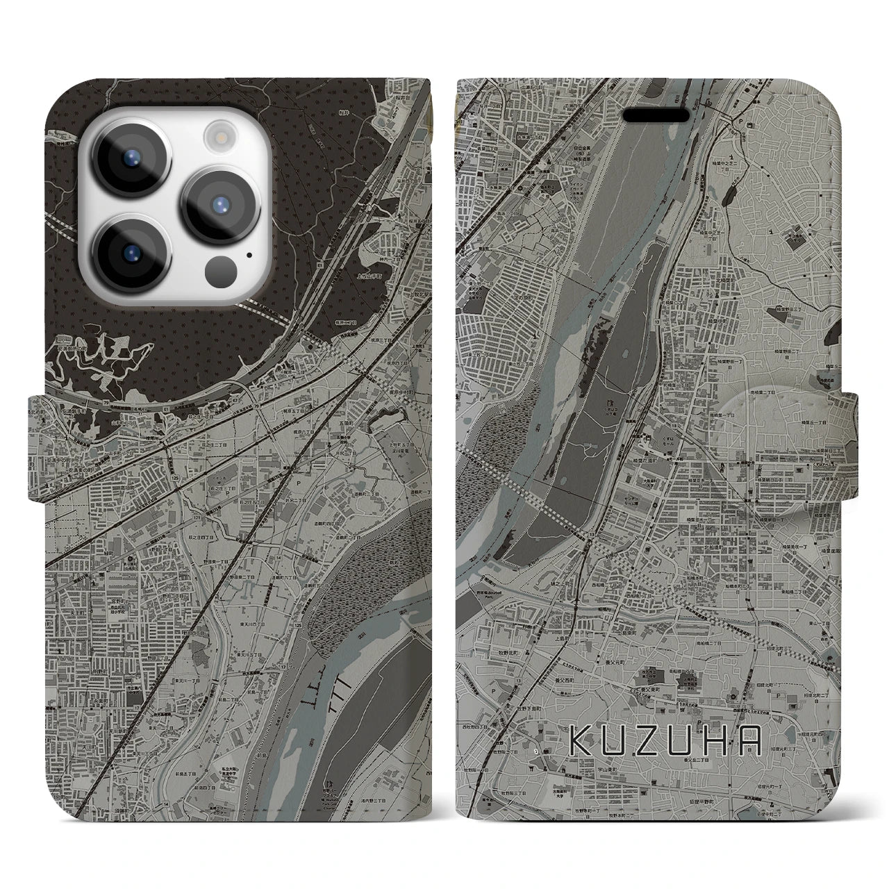 【樟葉(大阪府)】地図柄iPhoneケース(手帳タイプ)モノトーン・iPhone 14 Pro 用